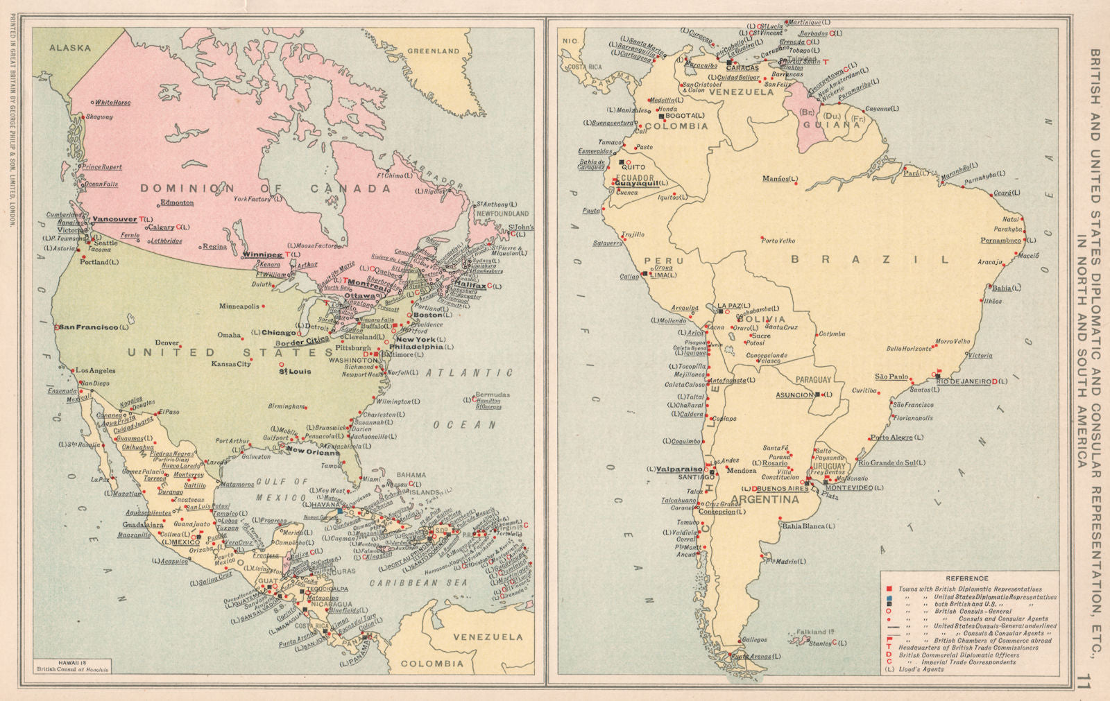 Americas. British & US Diplomatic & Consular Representation. Embassies 1925 map